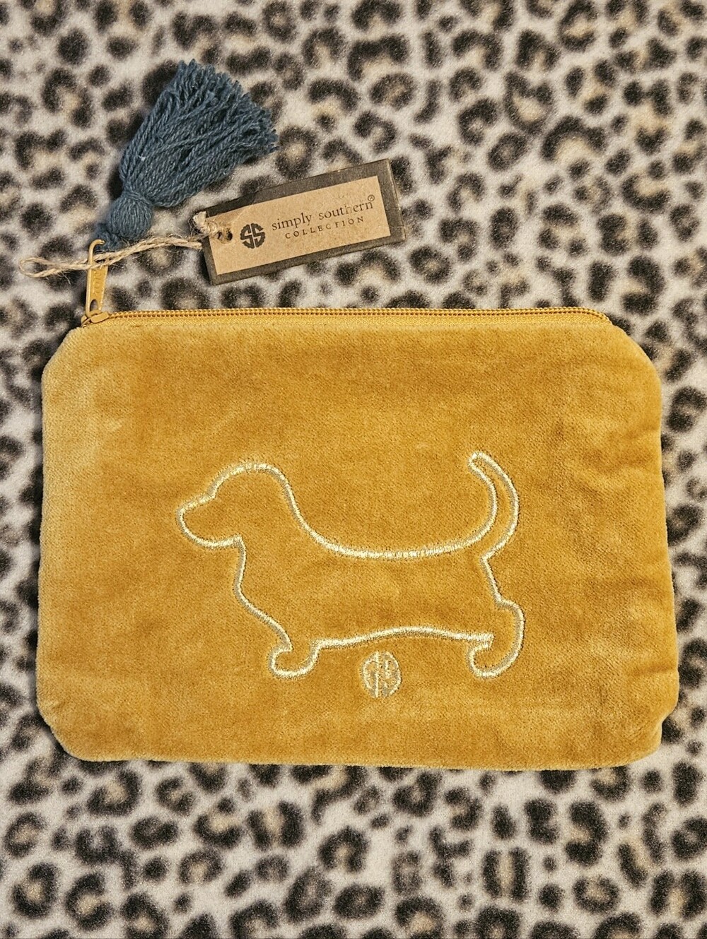 Simply Southern Mustard Yellow Golden Velvet Dachshund Makeup Pouch Bag, NWT